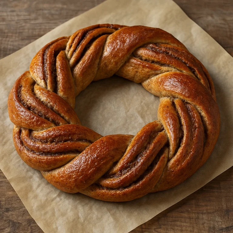 Kringle teljes kiőrlésű liszttel fonott formában, aranybarnára sütve tálalva