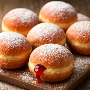 Friss, házi krofne lekvárral töltve és porcukorral meghintve