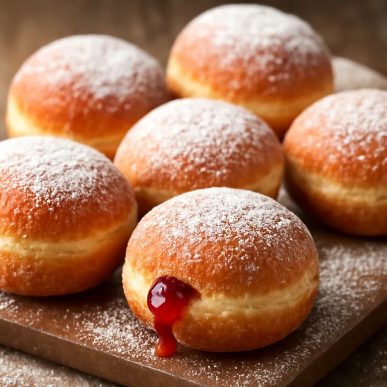 Krofne lekvárral, porcukorral meghintve, aranybarna színben