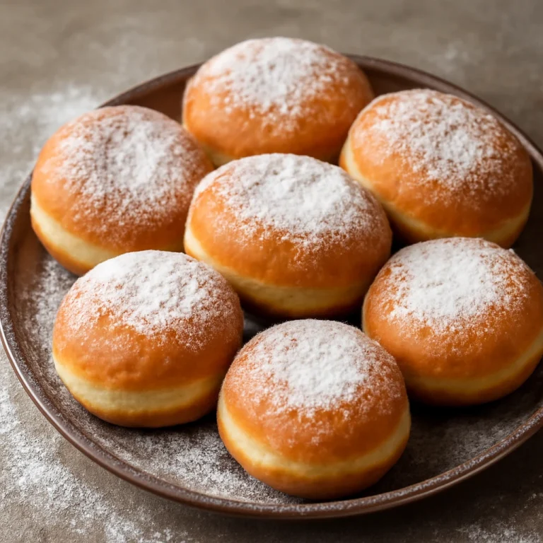Krofne porcukorral tálalva, aranybarna fánkok