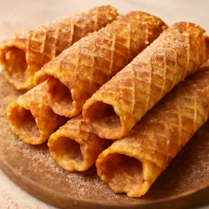 Frissen sült krumkake, fahéjas cukorral tálalva