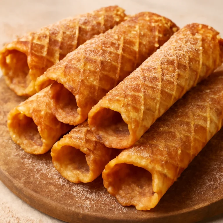 Krumkake fahéjjal, frissen tálalva, fahéjas cukorral