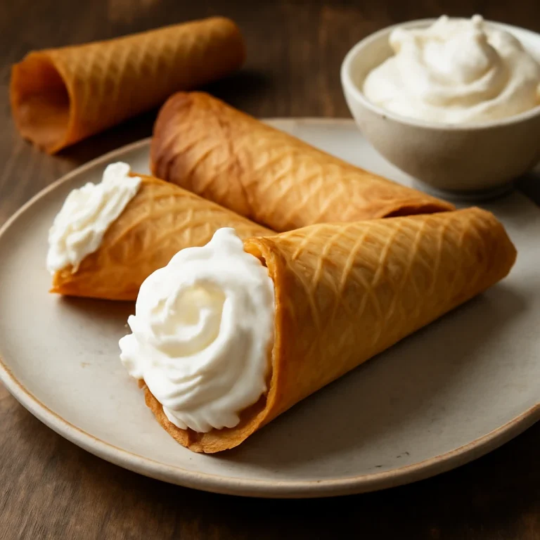 Krumkake tejszínhabbal tálalva, friss formázott tésztával