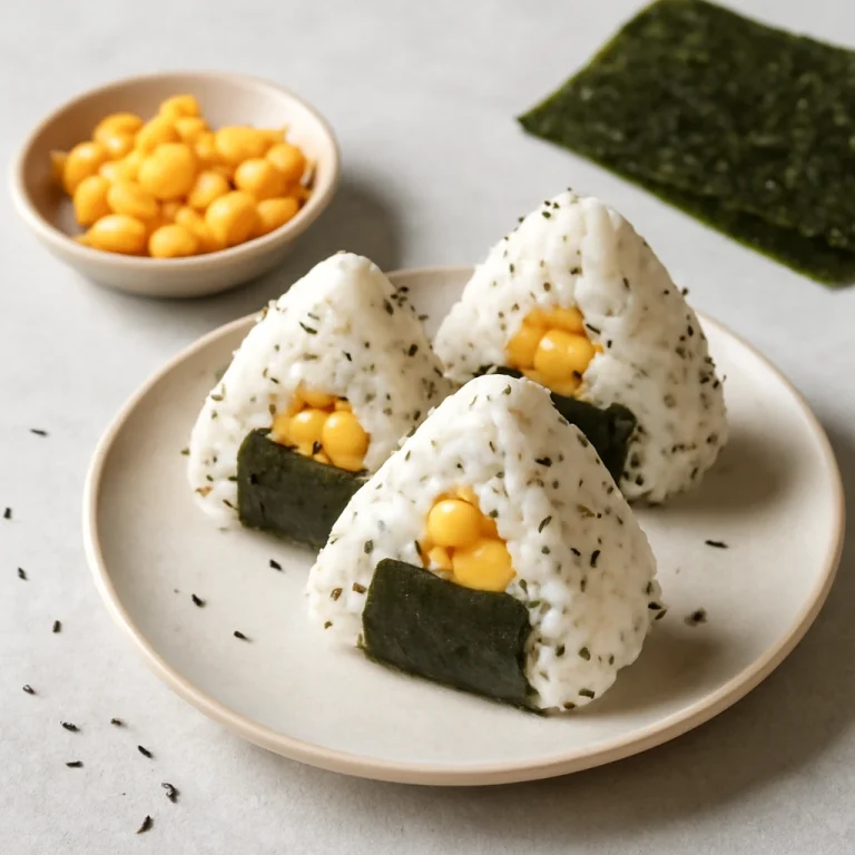 Kukorica töltelékű onigiri, háromszög alakú rizses falatok nori lappal