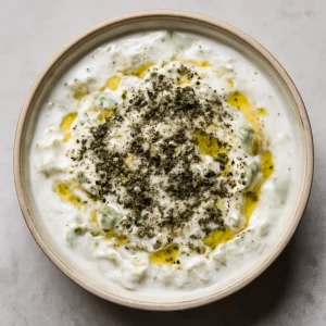 Frissítő joghurt étel szárított mentával és uborkával