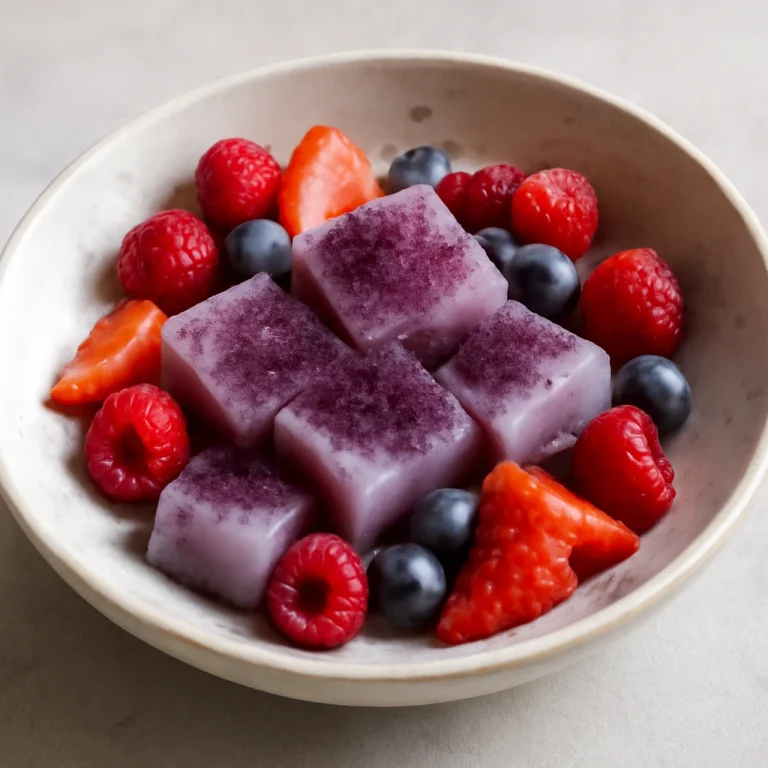 Kuzumochi acai porral, friss gyümölcsökkel tálalva