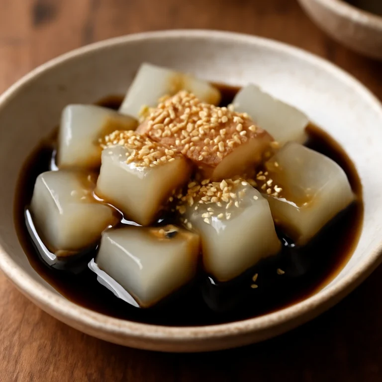 Kuzumochi kuromitsu szósszal tálalva, pörkölt szezámmaggal
