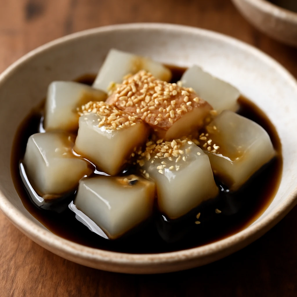 Japán desszert kuromitsu szószban, szezámmaggal