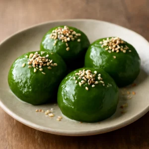 Kuzumochi, gazdag matcha ízzel és szezámmaggal díszítve