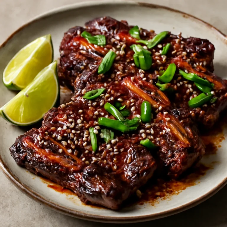 LA Galbi, szezámmagos, sült marhahús rövidbordák lime-mal és zöldhagymával díszítve