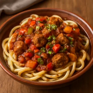 Fűszeres bárányhúsos lagman, tálalva tésztával és friss zöldségekkel