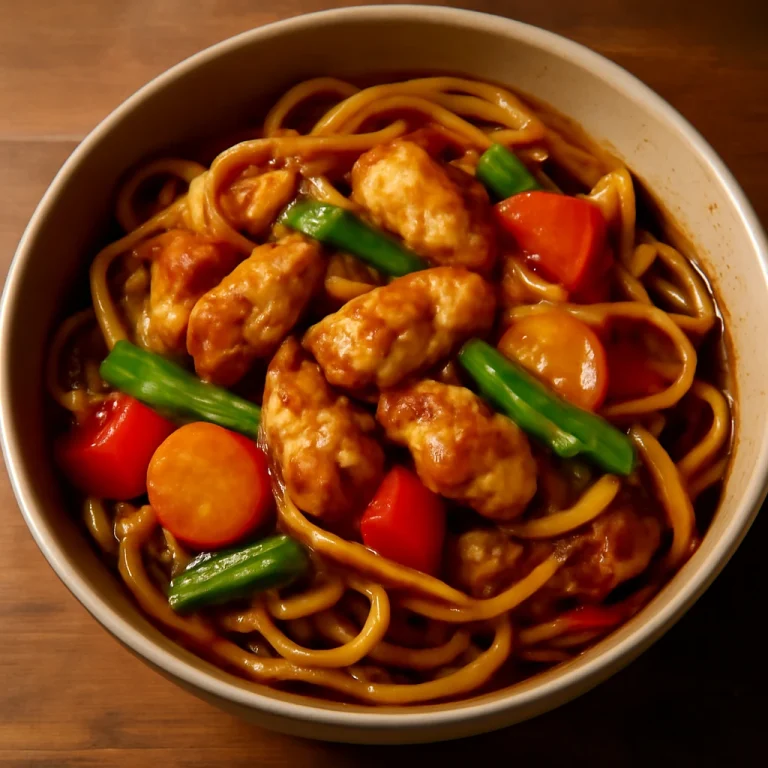 Lagman csirkével, tésztával, zöldségekkel és szójaszószos öntettel