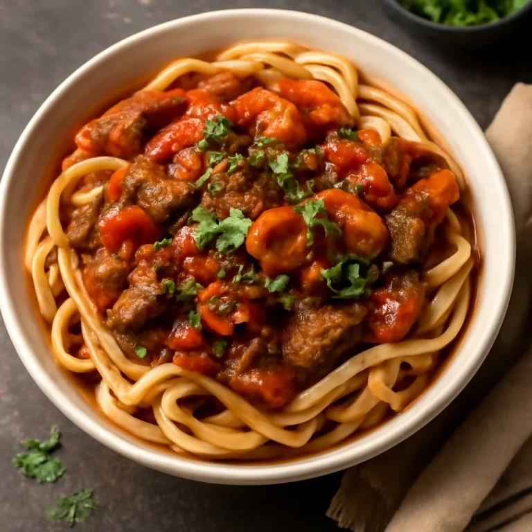 Lagman tálalva, kézzel húzott tésztával és marhahúsos raguval