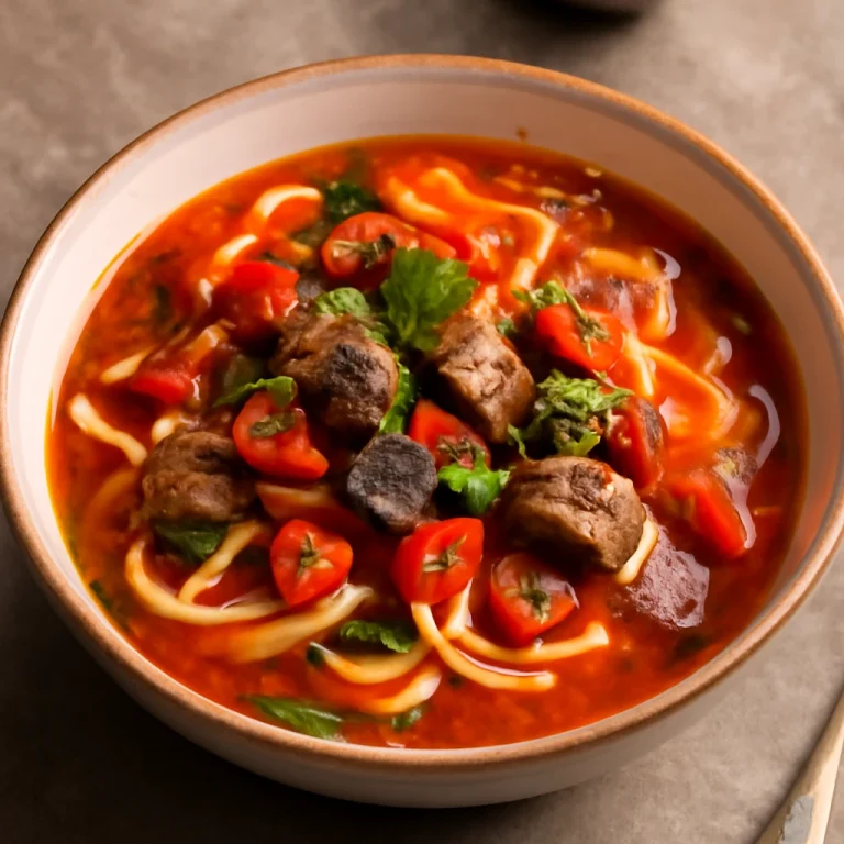 Lagman marhahússal tálalva, friss zöldségekkel és gazdag szójaszószos lében