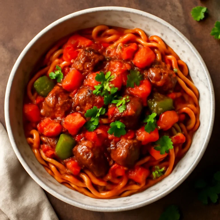 Lagman paradicsomszósszal, zöldségekkel és friss petrezselyemmel tálalva