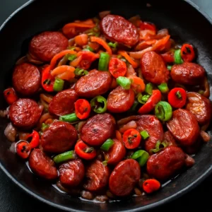 Lạp xưởng chilivel, friss zöldhagymával