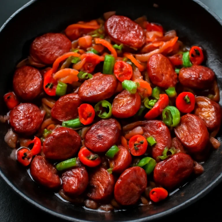 Lạp xưởng chilivel tálalva, zöldhagymával díszítve