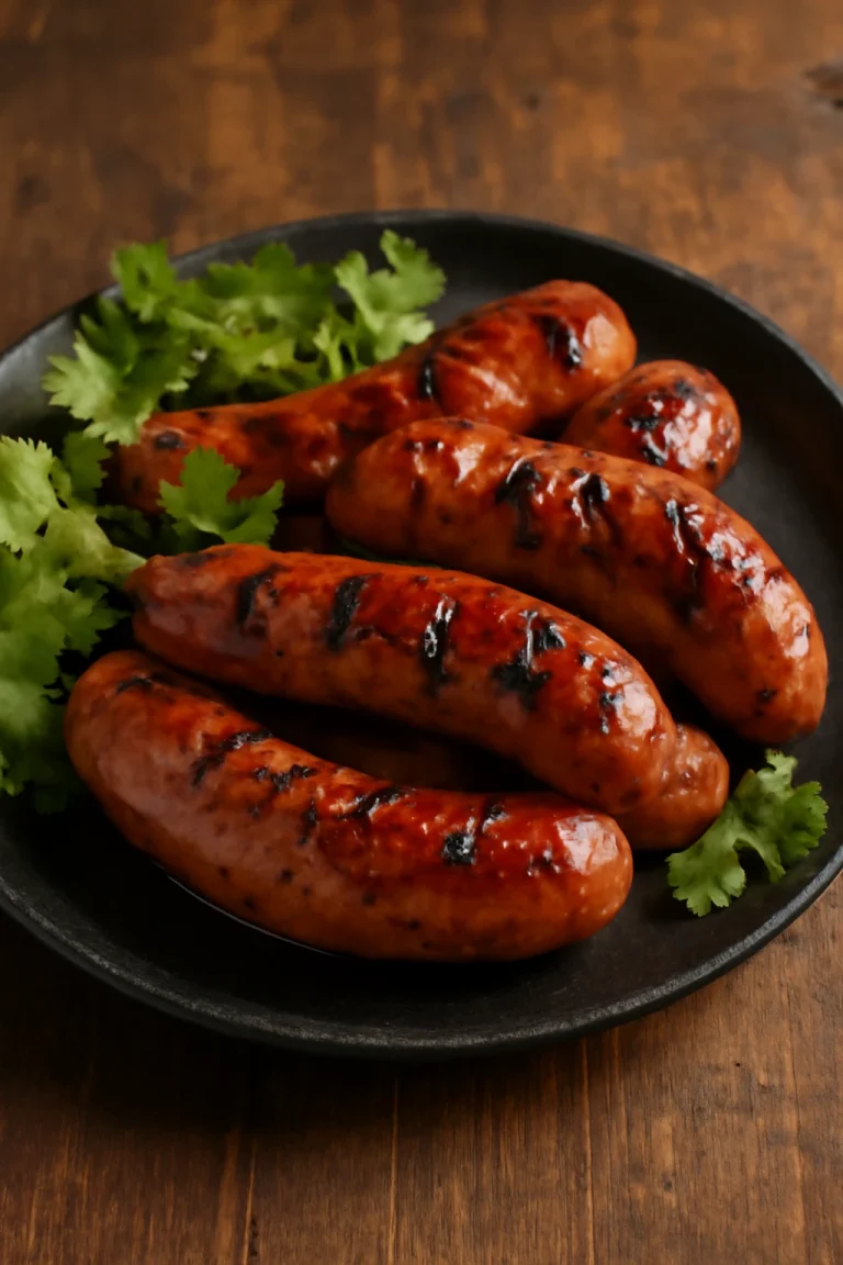 Lạp xưởng friss változatban, grillezve, korianderrel díszítve