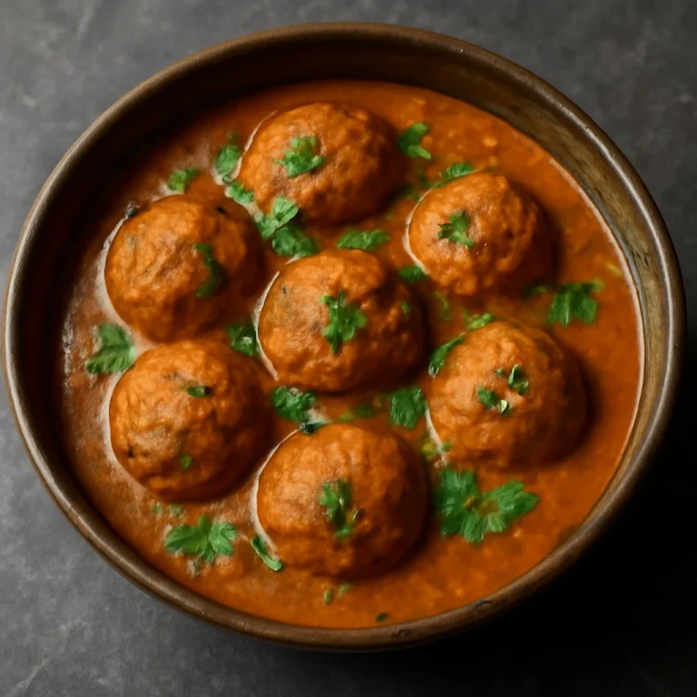 Lauki Kofta Curry, tök golyókkal és friss korianderrel tálalva