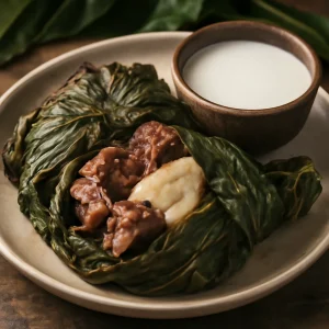 Hawai'i étel, füstölt húsos és halas laulau, kókusztejjel