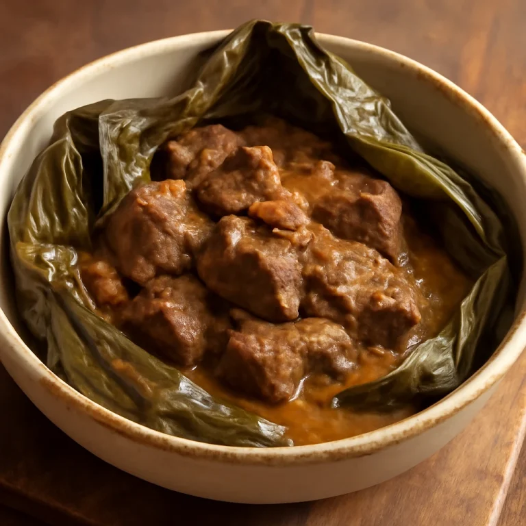 Laulau marhahússal, gazdag, fűszeres hús kókuszkrémmel, banánlevelekben párolva
