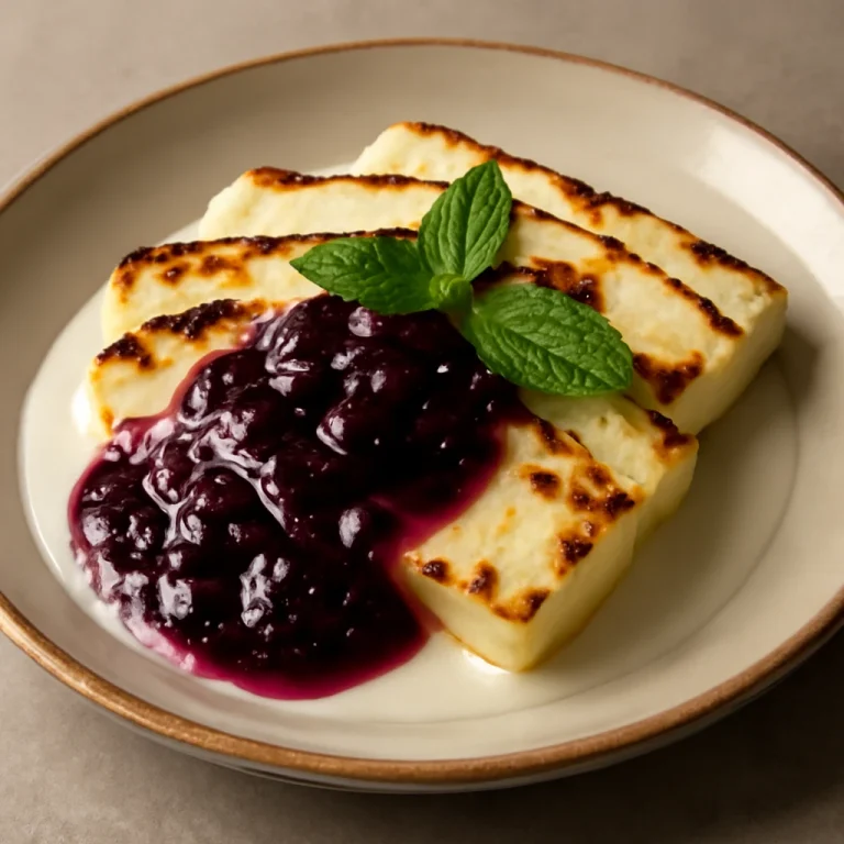 Leipäjuusto áfonyalekvárral, friss mentával tálalva