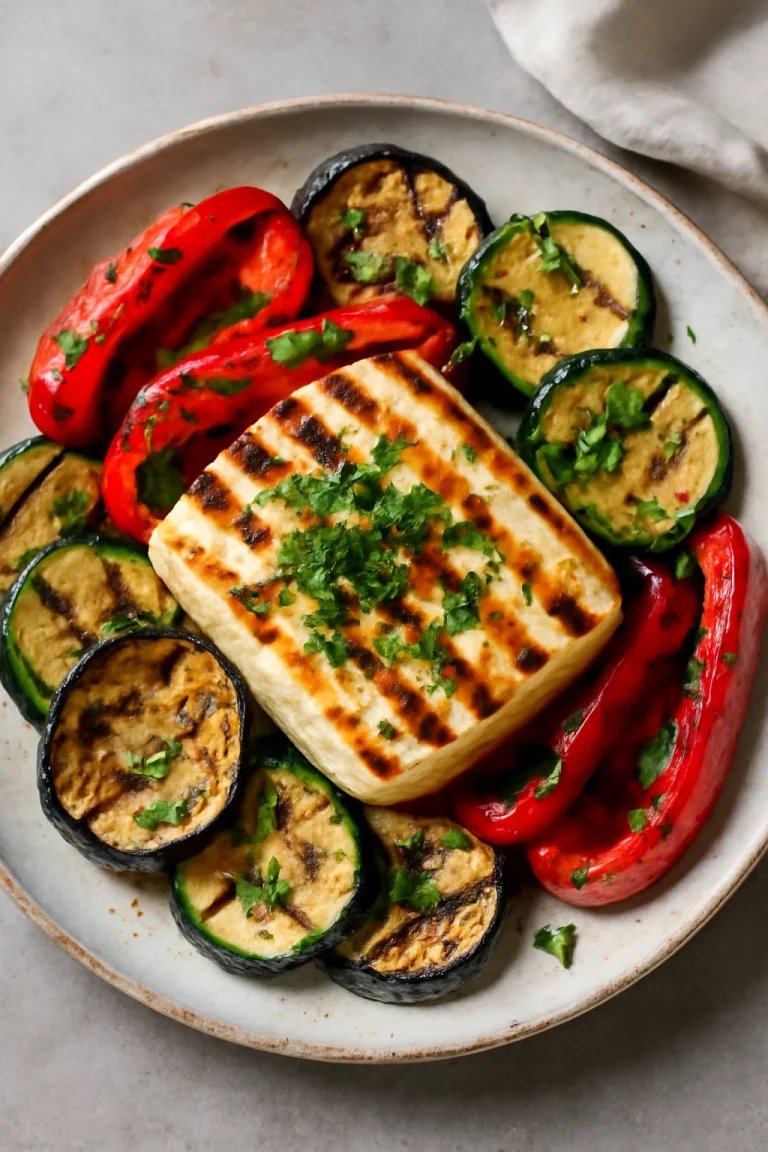 Leipäjuusto grillezve zöldségekkel, friss petrezselyemmel