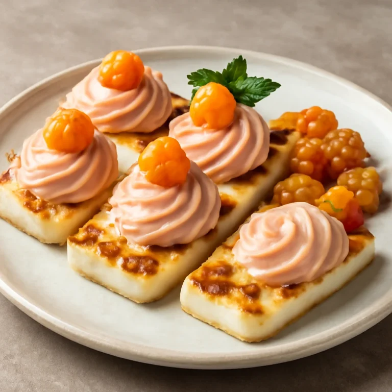Leipäjuusto lakkahabos változat, áfonyával és tejszínes habbal tálalva
