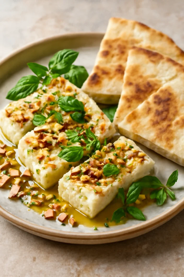 Leipäjuusto vegán sajttal tálalva, pirított pita kenyérrel és friss fűszerekkel