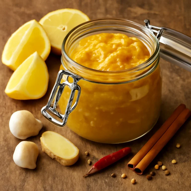 Lemon chutney üvegben, gazdag sárga színű fűszeres szósz