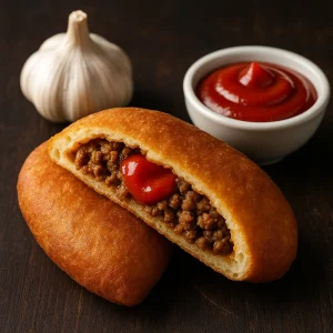 Finn töltött tészta darált hússal és ketchup ízesítéssel