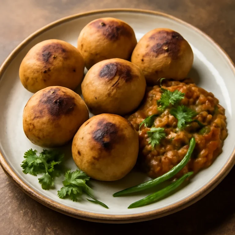 Litti chokha fokhagymával, ropogós littik tálalva padlizsános pürével