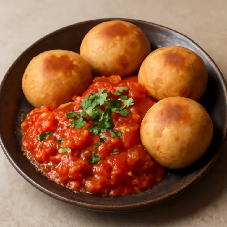Litti chokha paradicsommal, indiai étel gazdag paradicsomos szósszal