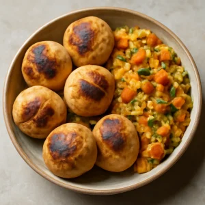 Friss és meleg litti, chutneyval tálalva