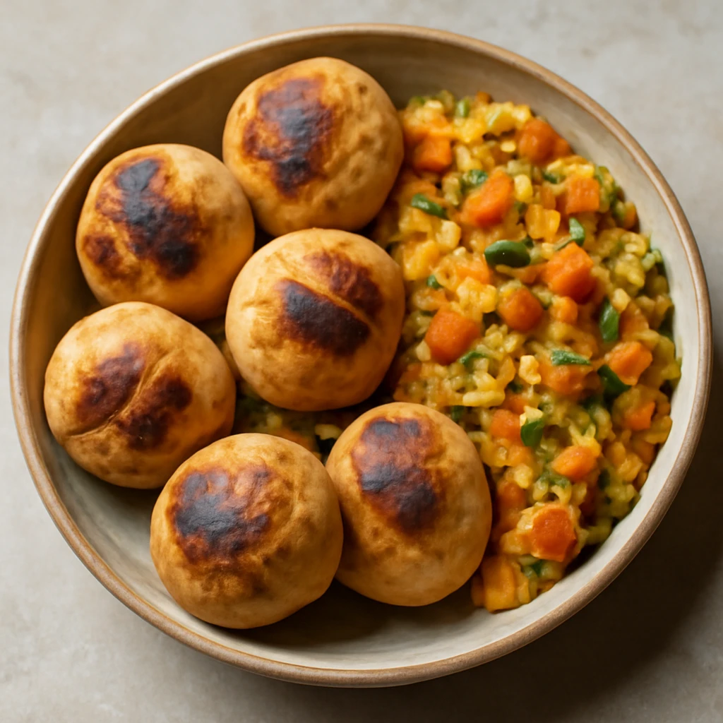 Friss és meleg litti, chutneyval tálalva