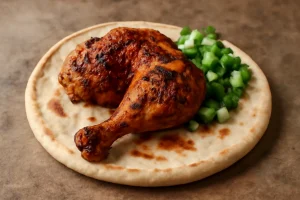Fűszeres csirke, friss pita kenyérrel tálalva