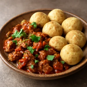 Fűszeres litti pörkölt, búzadara golyókkal