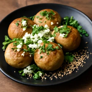 Ropogós Littik friss sajttal, korianderrel és szezámmaggal