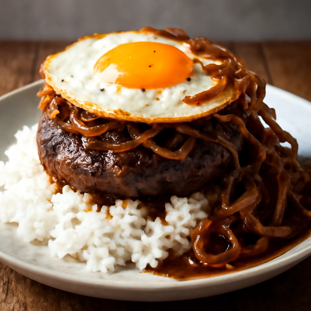 Hawaiiai Loco Moco étel karamellizált hagymával