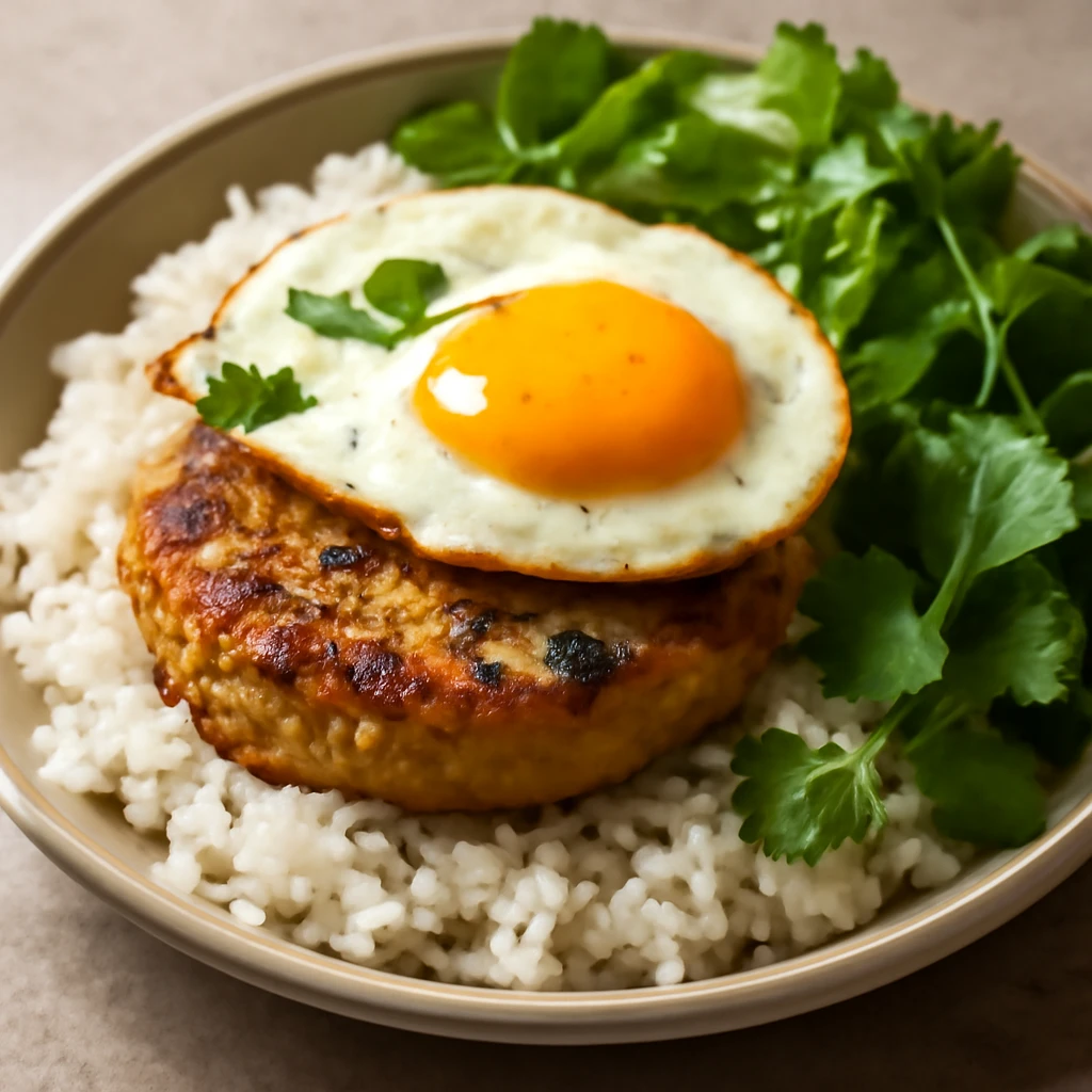 Loco moco halpogácsával, tükörtojással és korianderrel
