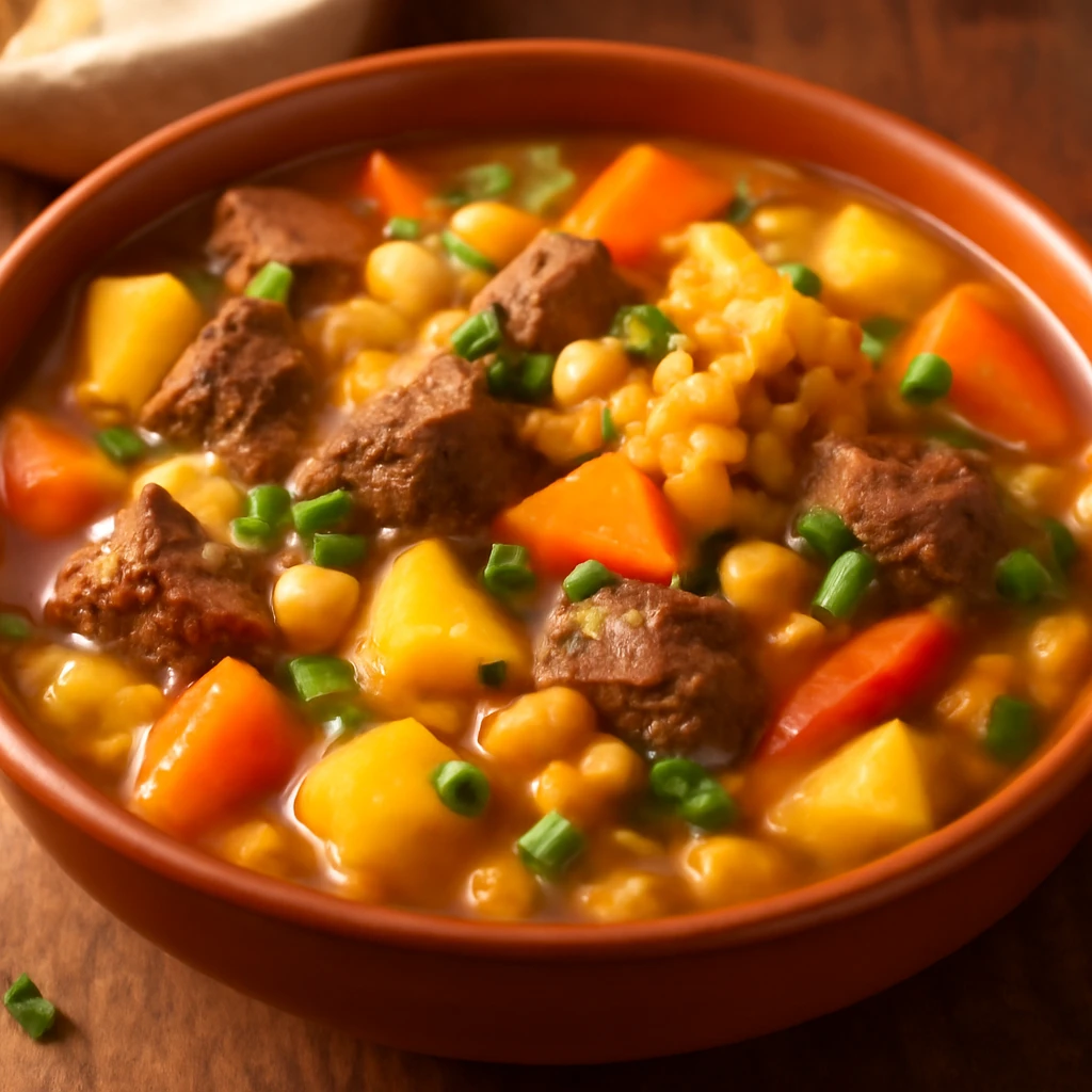 Hagyományos argentin locro, gazdag húsokkal és zöldségekkel
