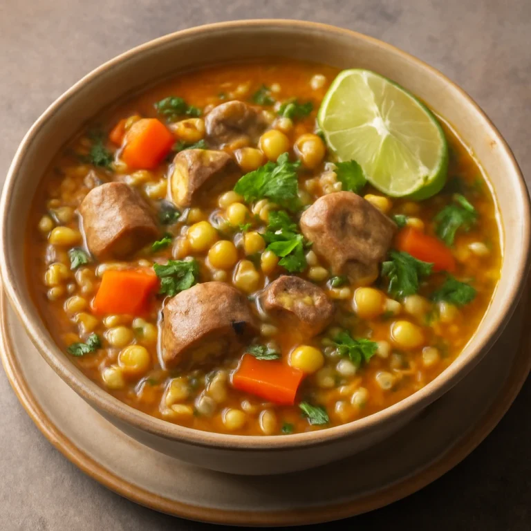 Locro de trigo sertéshússal, babbal, kukoricával és friss korianderrel