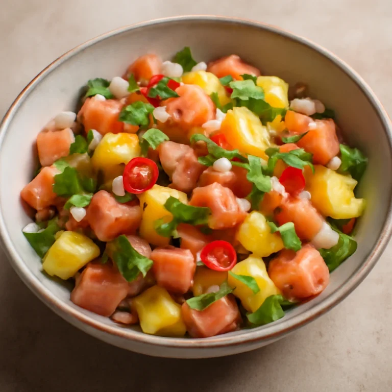 Lomi salmon ananásszal friss zöldségekkel és pikáns ízekkel