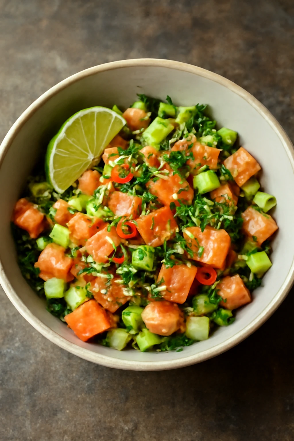 Friss Lomi Salmon korianderrel és lime-mal tálalva