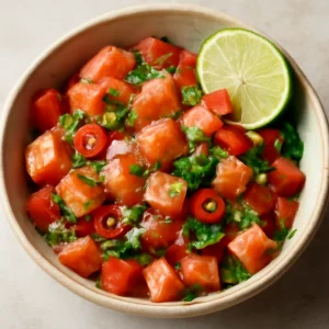 Friss Lomi salmon, lazac lime-mal és friss fűszerekkel