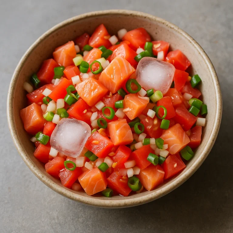 Lomi salmon friss paradicsommal és zöldhagymával egy tálban, hidegen tálalva