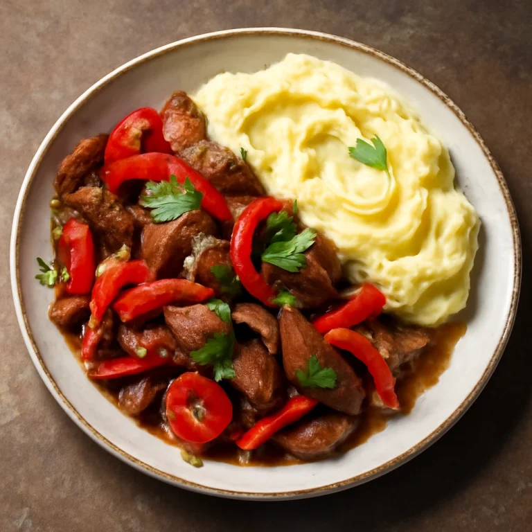 Lomo Saltado gluténmentes marhahússal és friss zöldségekkel tálalva gluténmentes burgonyapürével