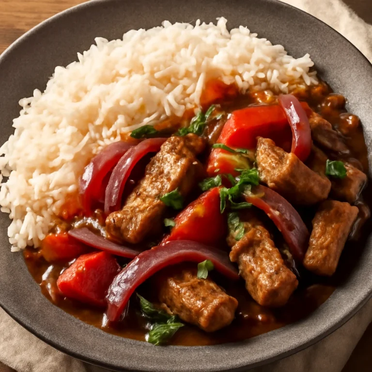 Lomo Saltado sertéshússal, zöldségekkel és kókuszaminóval tálalva