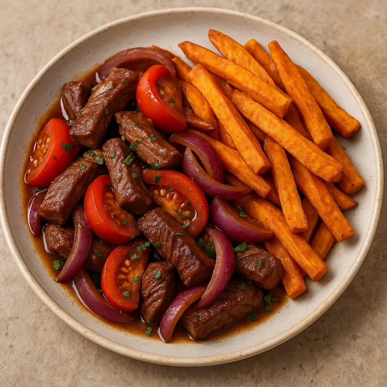 Lomo saltado édesburgonyával tálalva – pirított marhahús, zöldségek és ropogós édesburgonya