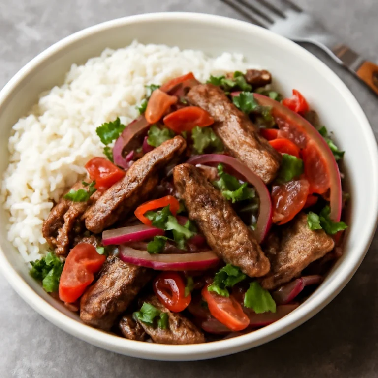 Lomo saltado gluténmentes szójaszósszal tálalva, friss zöldségekkel és marhahússal